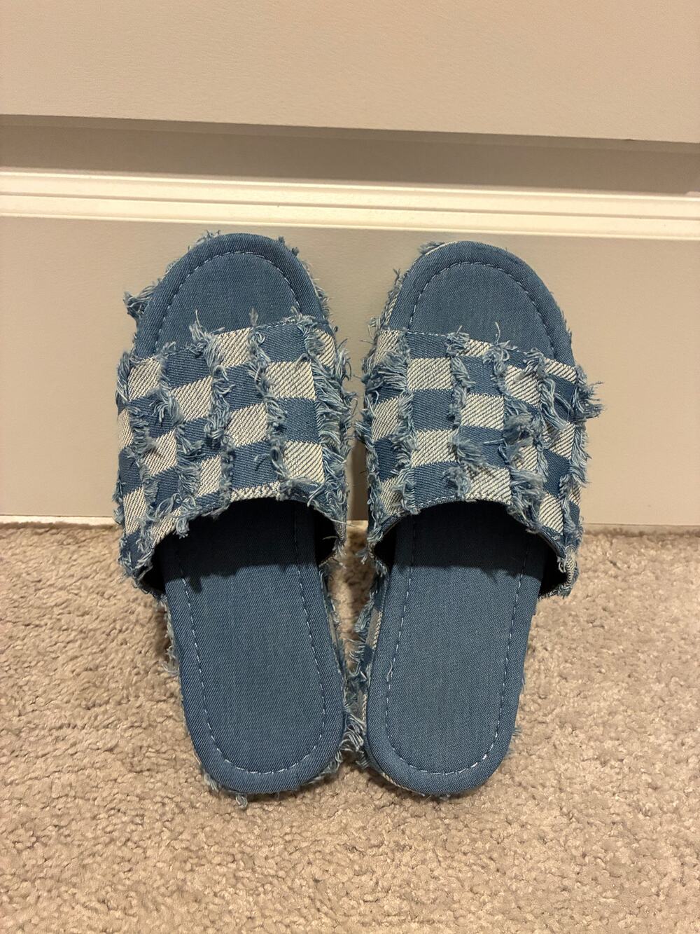 Fringe Denim Checkerboard Slide Sandals